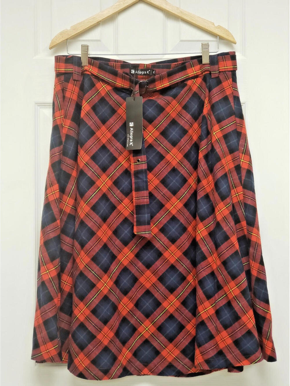 NWT Allegra K Tartan Print Women's Belted A-Line Midi Skirt, Sz XL